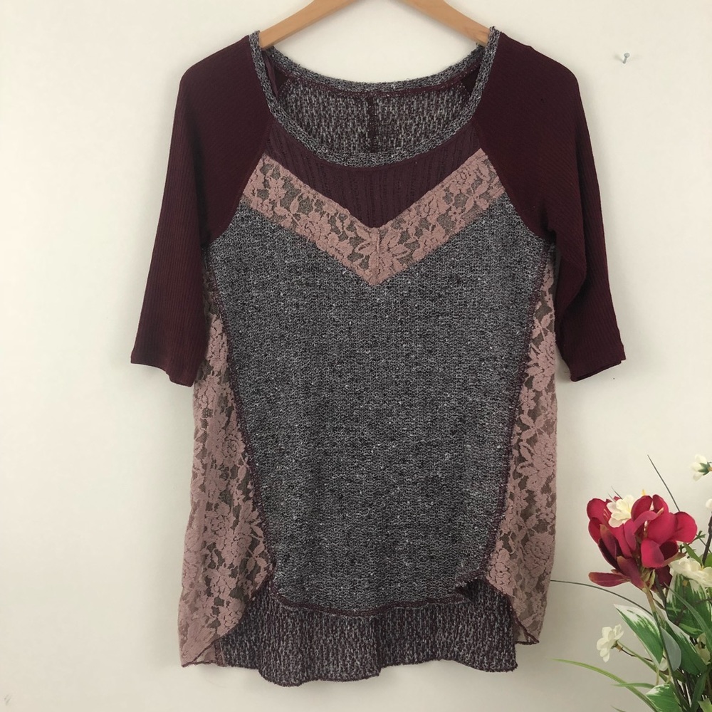Anthropologie Maroon Mixed Media Baseball Sweater